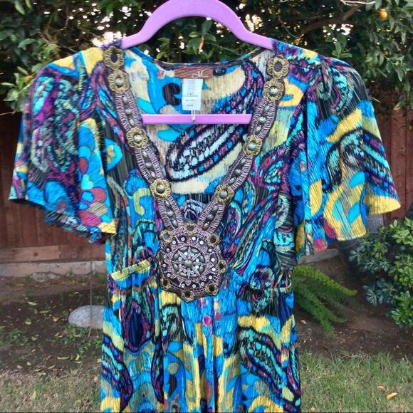 VINTAGE 90s NINETIES BOHO PRINT DRESS W/EMBELLISHED NECKLINE MEDALLION S unworn - Picture 2 of 6